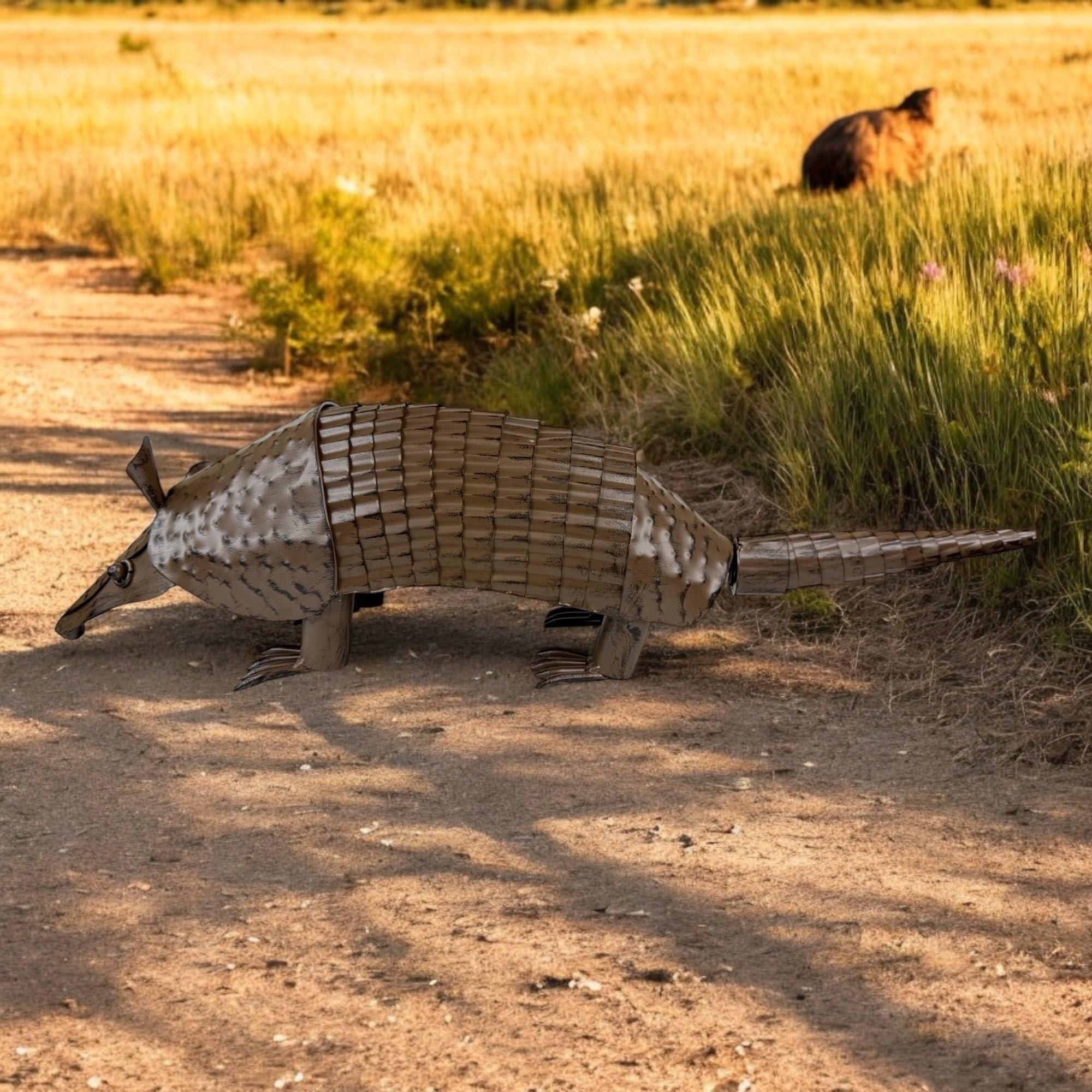 22” Rustic Metal Armadillo Sculpture – Large Textured Welded Iron with Springy