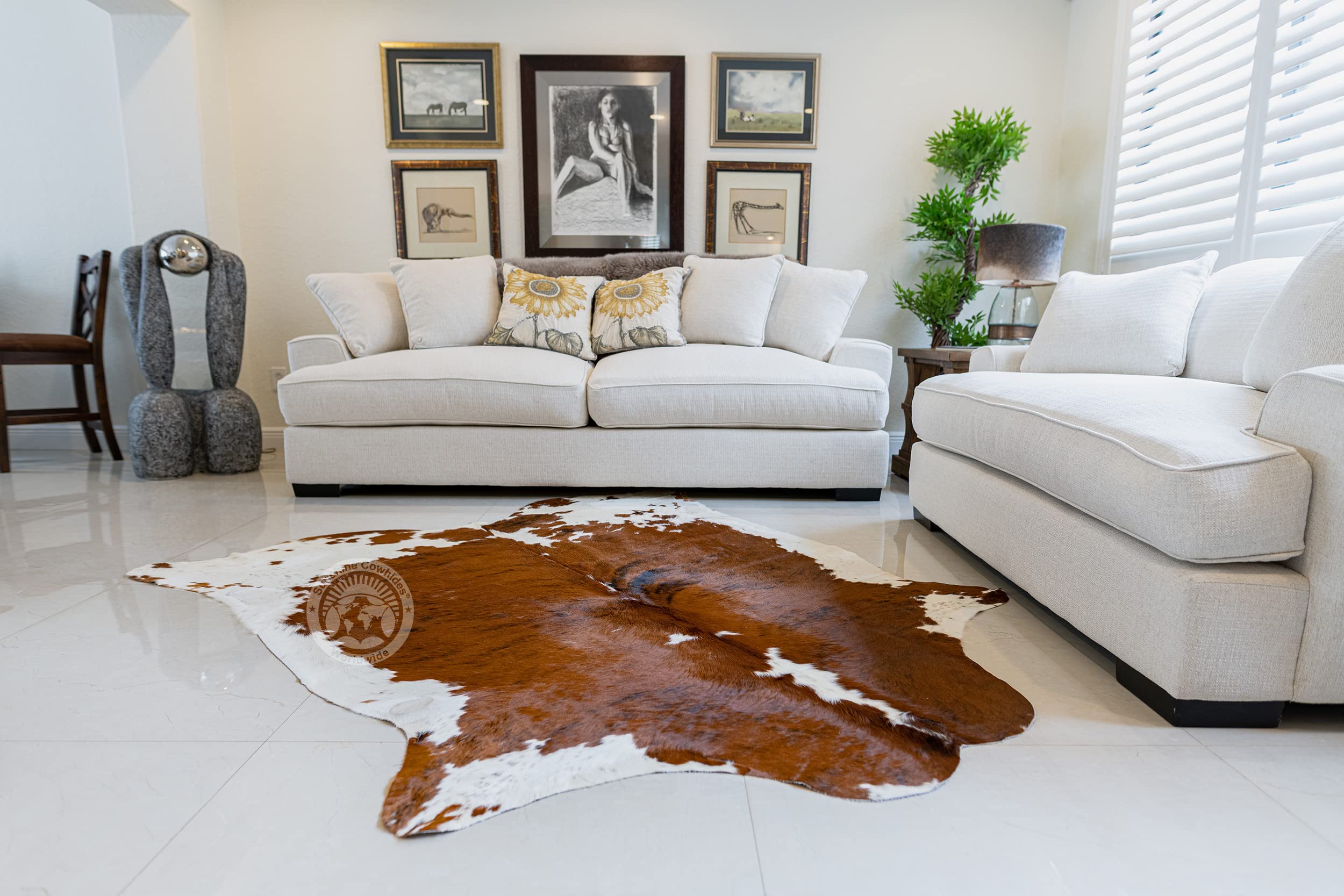 Genuine Cowhide Rug, Brindle Tricolor Carpet for Living Room, Bedroom