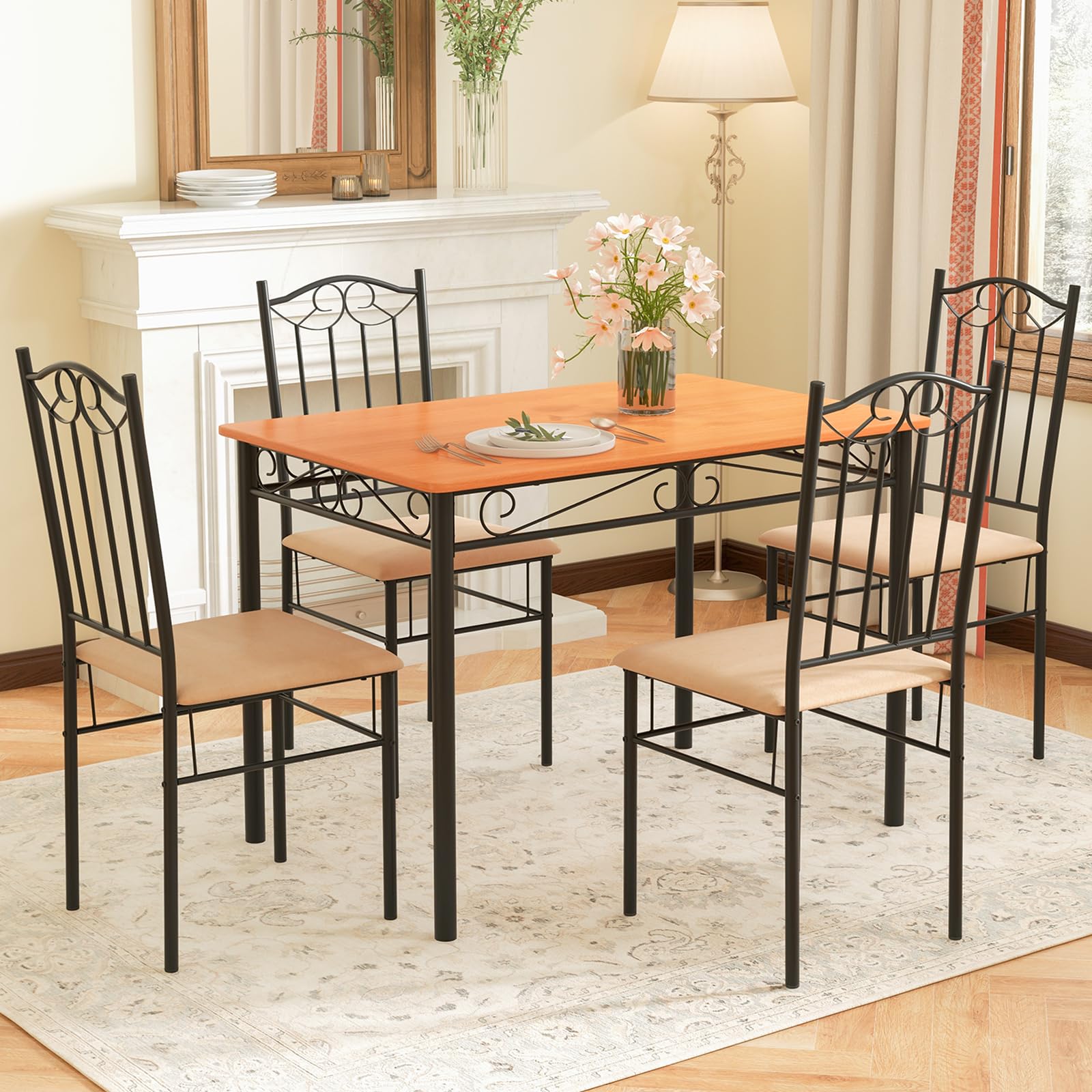 Dining Table Set for 4, Dining Room Table Set with Metal Frame & Padded Seat