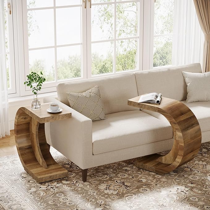 C-Shaped End Table Set of 2, Rustic Compact Side Table for Couch