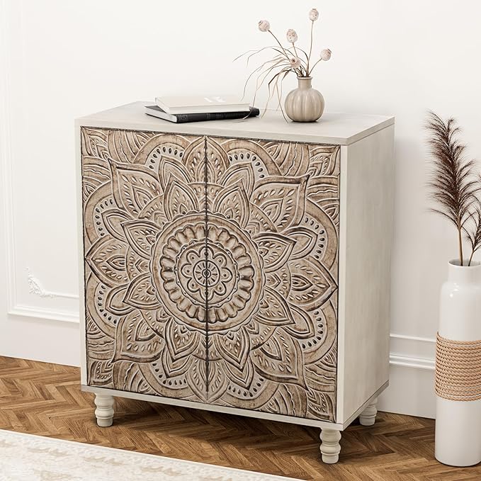 Accent Cabinet with Doors and Shelf, Rustic Boho Decorative Buffet Sideboard
