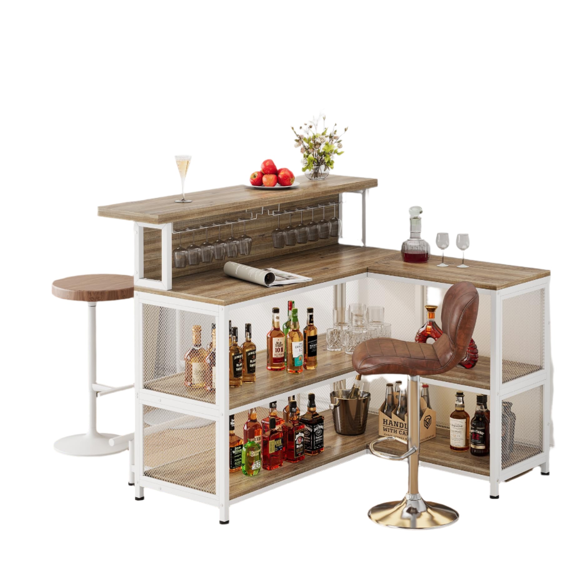 L-Shaped Home Bar Unit with LED Light and Wine Glasses Holder