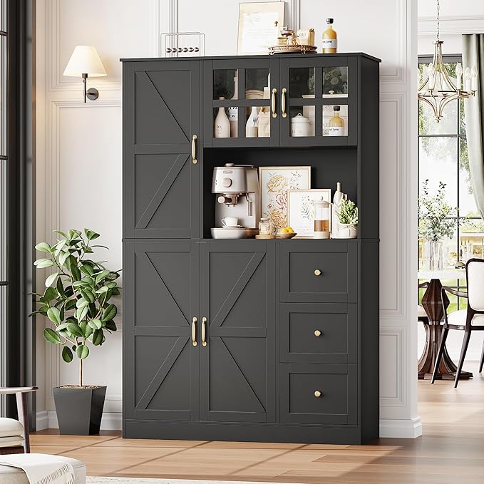 Farmhouse Pantry Cabinet, Kitchen Pantry Storage Cabinet with Microwave Stand