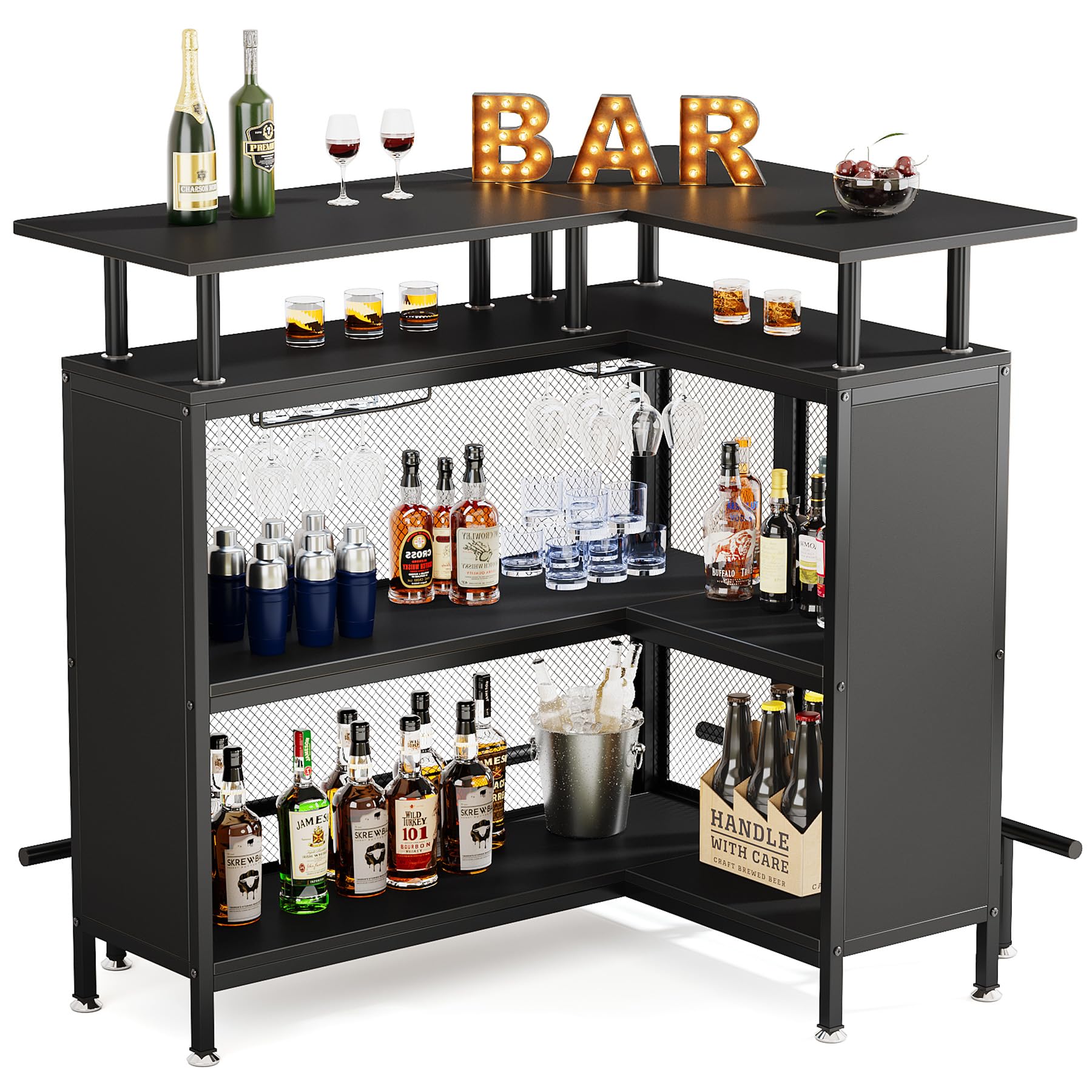 Tribesigns Home Bar Unit, L-Shaped Bar Table with Stemware Racks and 2-Tier Shelves, Corner Mini Coffee Liquor Cabinet with Footrest for Home/Kitchen/Pub, Black