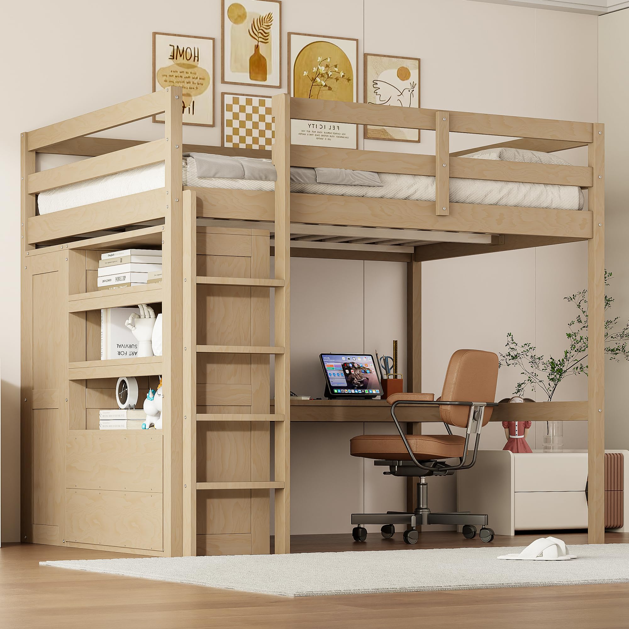 Full Size Loft Bed with Desk & Wardrobe