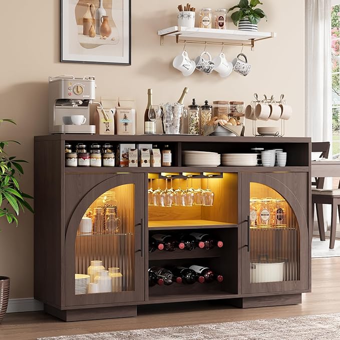 Sideboard Buffet Cabinet, 54" Kitchen Cabinet with LED Lights & Arched Glass Doors