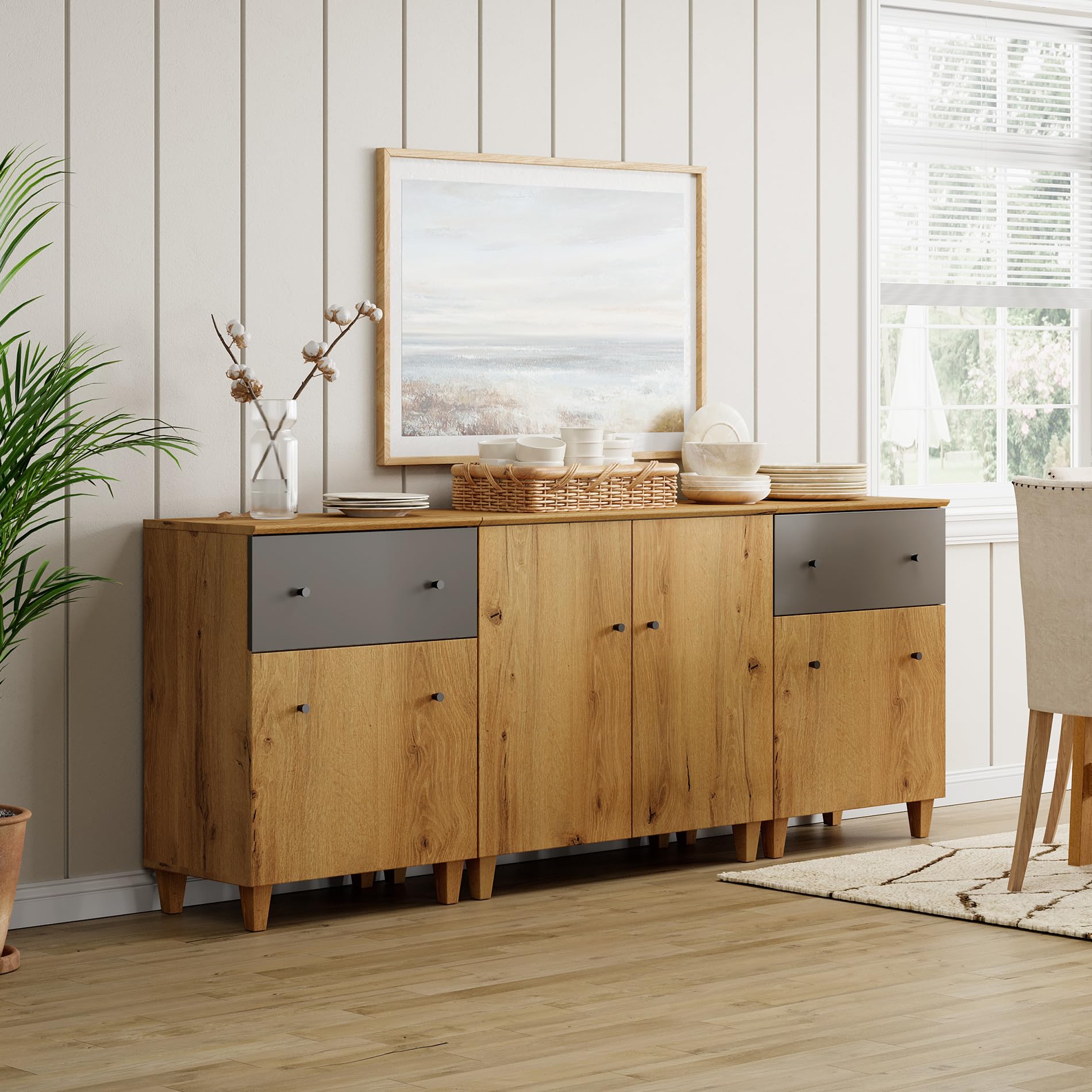 Sideboards Buffet Cabinet, 3-in-1 Wood Wide Credenza Storage Cabinet