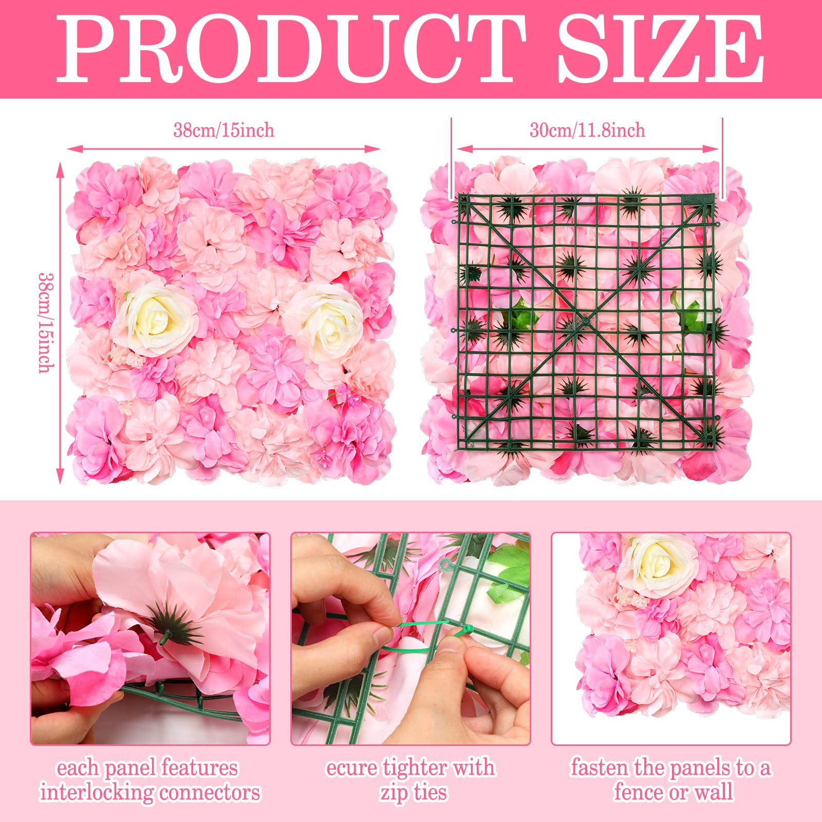 Tigeen 36 Pcs Flower Wall Panels 3D Silk Rose Floral Wall Decorative Faux Flower Wall Background for Wedding Home Decoration Background Shop Party Photo Arrangement (Pink, White, 15 x 15 Inch)
