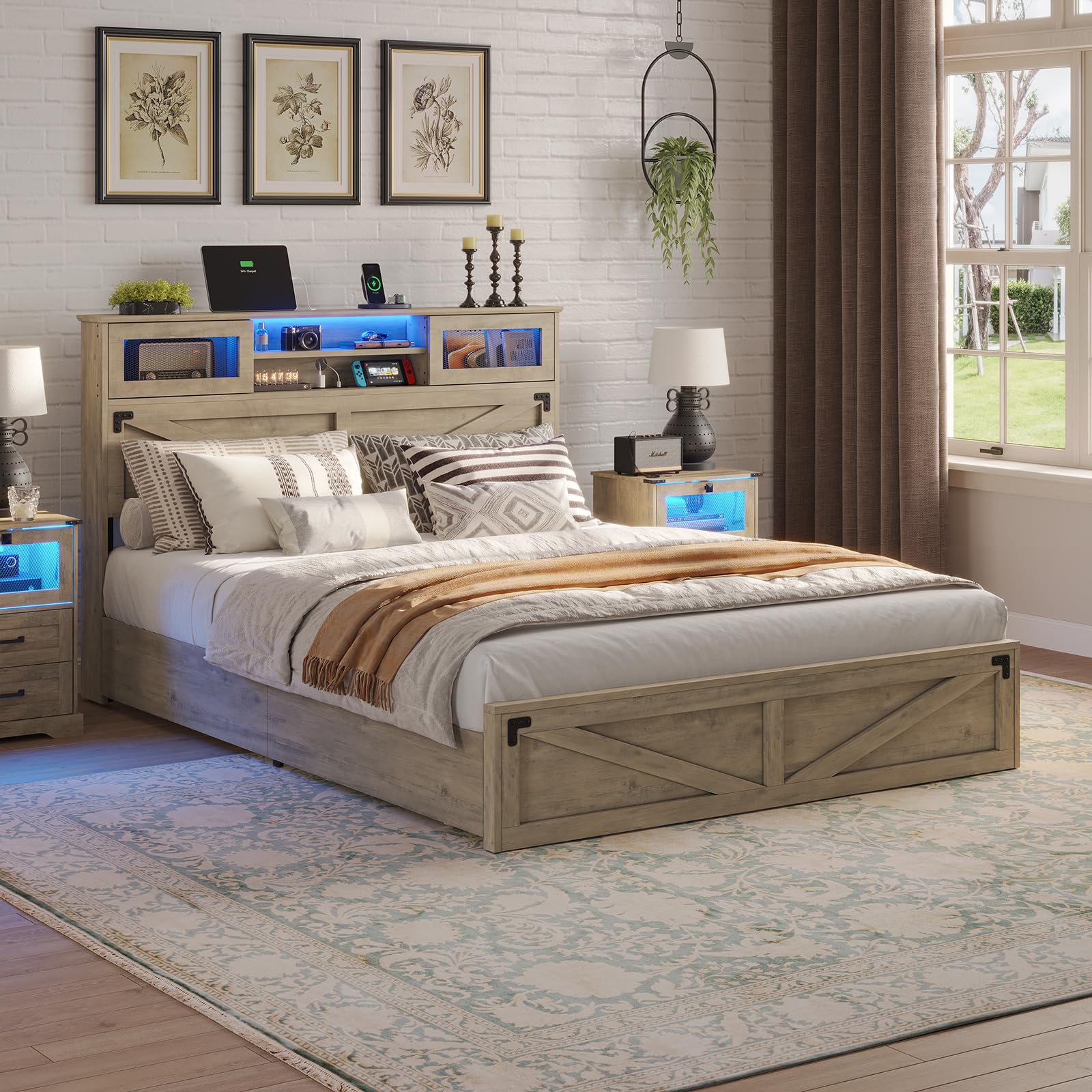 Farmhouse Bed Frame Queen Size with Bookcase Headboard and 2 Drawers