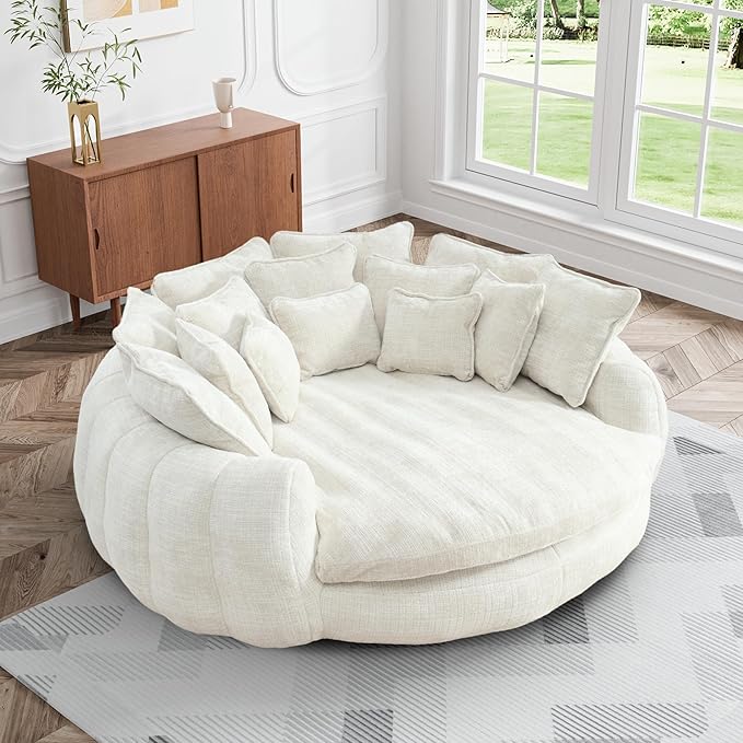 81.1" W Oversized Round Chaise Lounge, Fluffy Lazy Bean Bag Sofa,living room