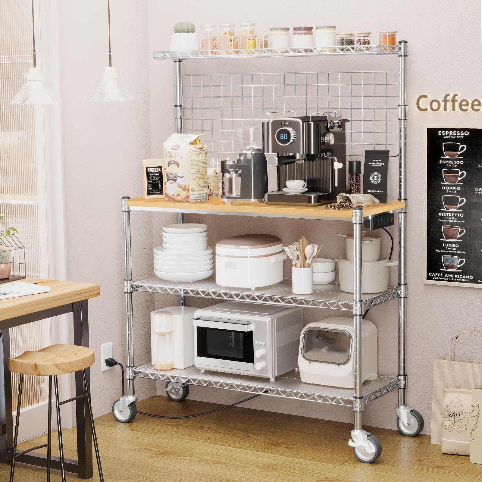 Bakers Rack with Power Outlet & Storage, 36 Inch Microwave Stand Kitchen Cart