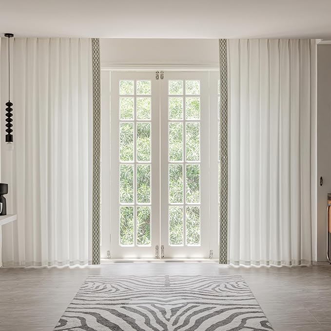 White Linen Curtain Panels with Embroidered Trim Design, Pinch Pleat Curtains