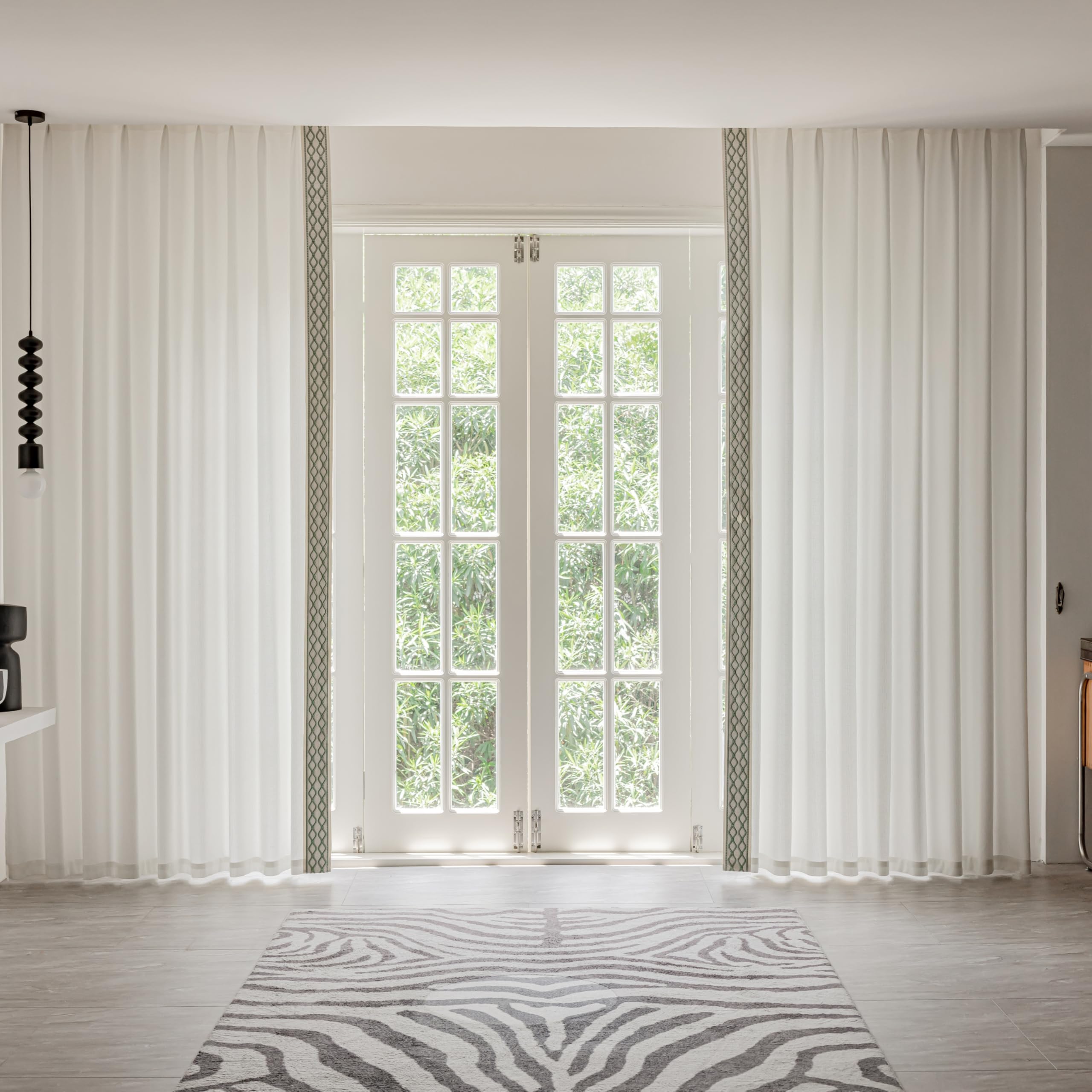 White Linen Curtain Panels with Embroidered Trim Design, Pinch Pleat Curtains