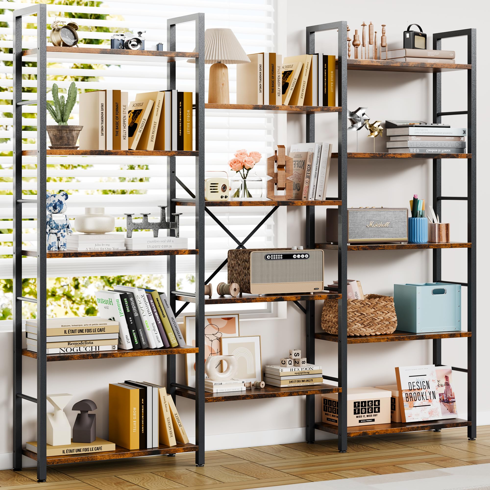 Triple Column 5 Tier Bookshelf, Industrial Large Bookcase with 14 Open Display Shelves