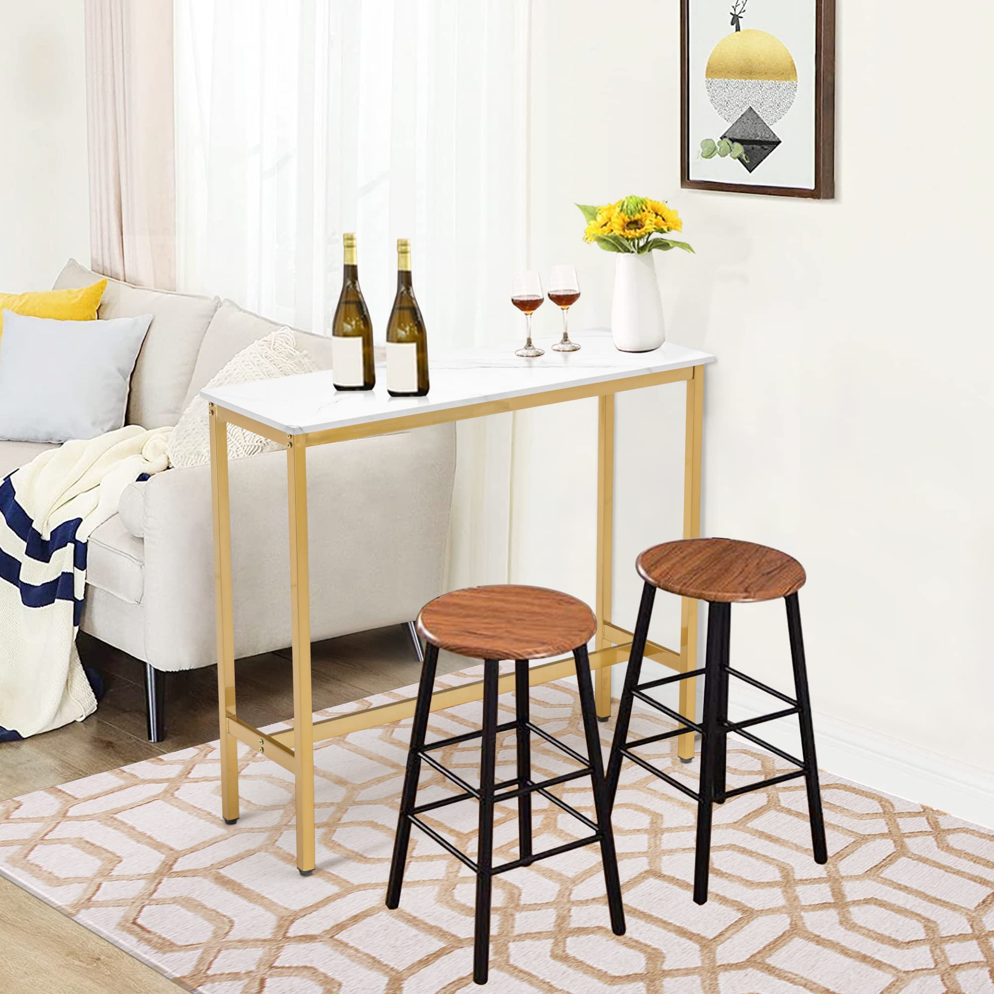 40" Bar Table,Rectangular Industrial Bar Height Table with Sturdy Gold Metal Frame