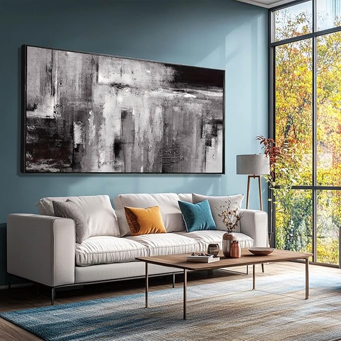 Black Line Canvas Pictures Gray Decorative Painting 29"x58" Wood Wall Art Modern Art Print