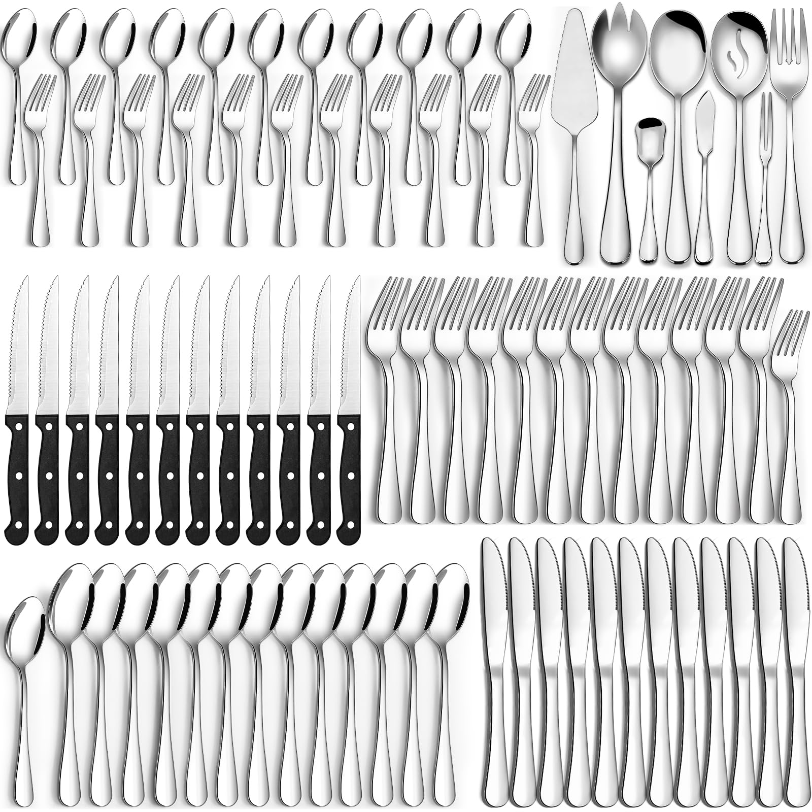 Set with Serving Utensils Set, CEKEE Stainless Steel Flatware Set for 12 with Steak