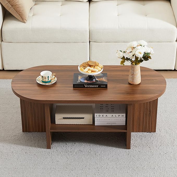 Wooden Fluted Lift Top Coffee Table with Hidden Compartment, Modern Rectangle Center