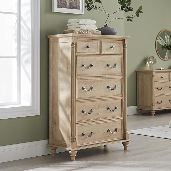 Farmhouse 7 Drawers Dresser Chests for Bedroom w/ 4 Column Solid Wood Feet
