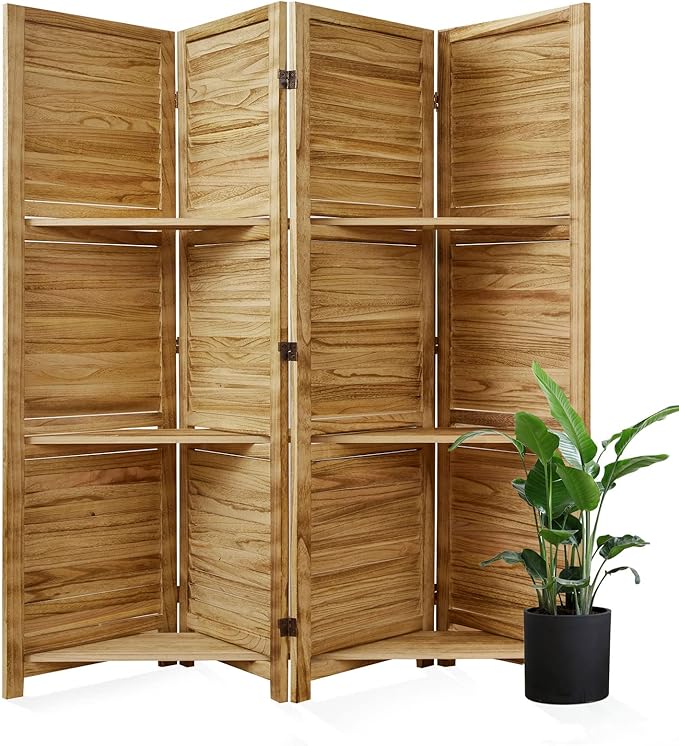Room Divider with Shelves, 68.9inch Wood Carved and Louvered Wall Divider