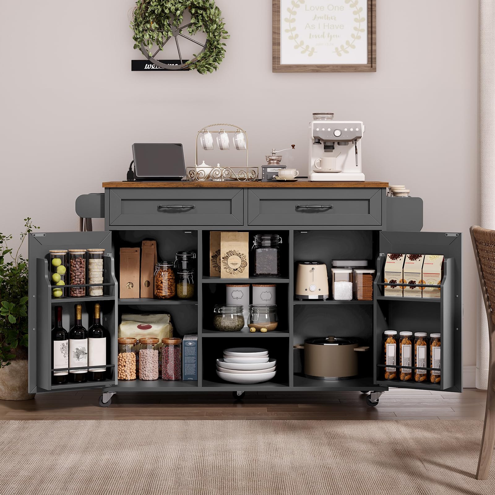 Kitchen Island with Power Outlets & Drop Leaf, Kitchen Cart with Storage