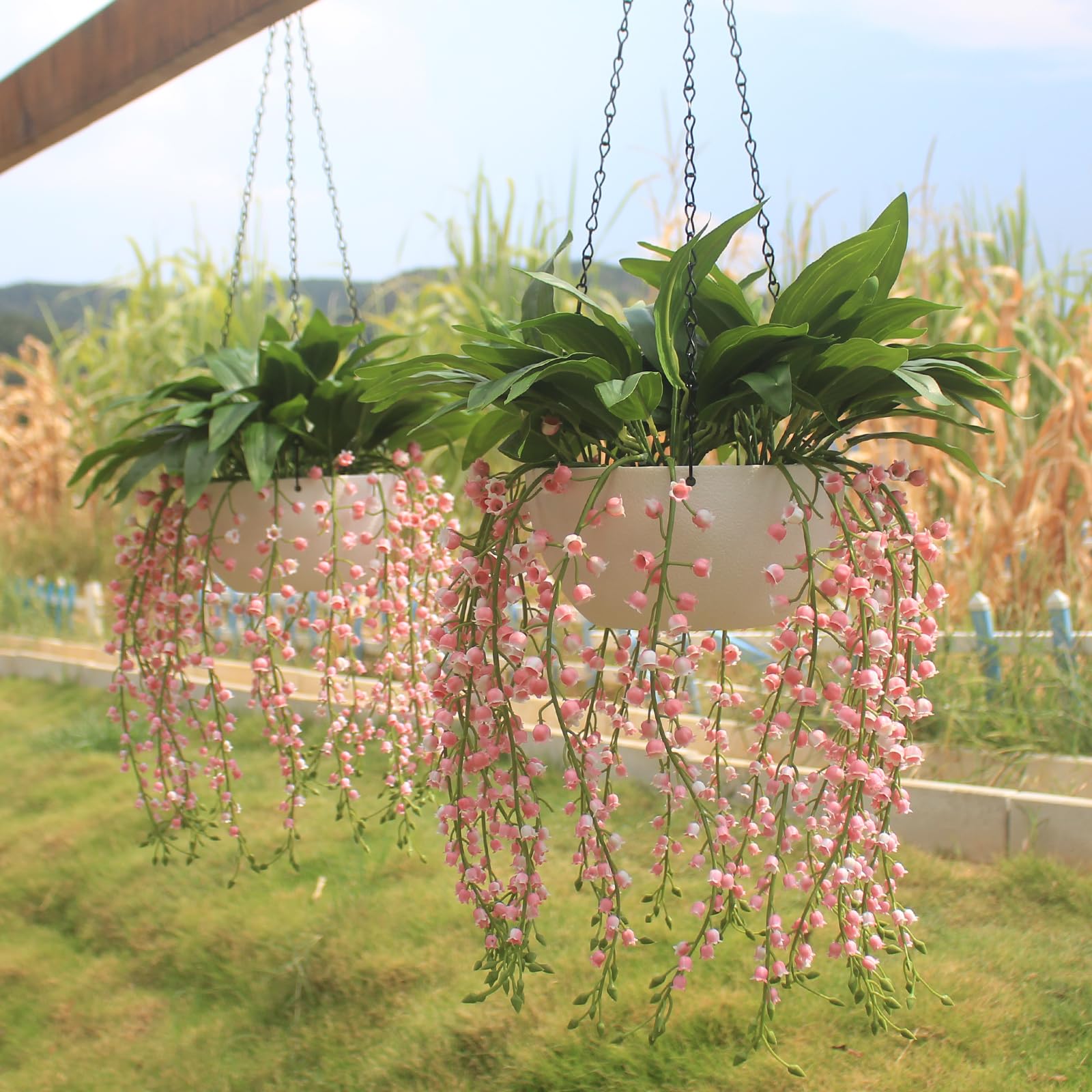 2-Pack Artificial Hanging Lily of The Valley - Pink Faux Flowers UV Resistant Fake Plants