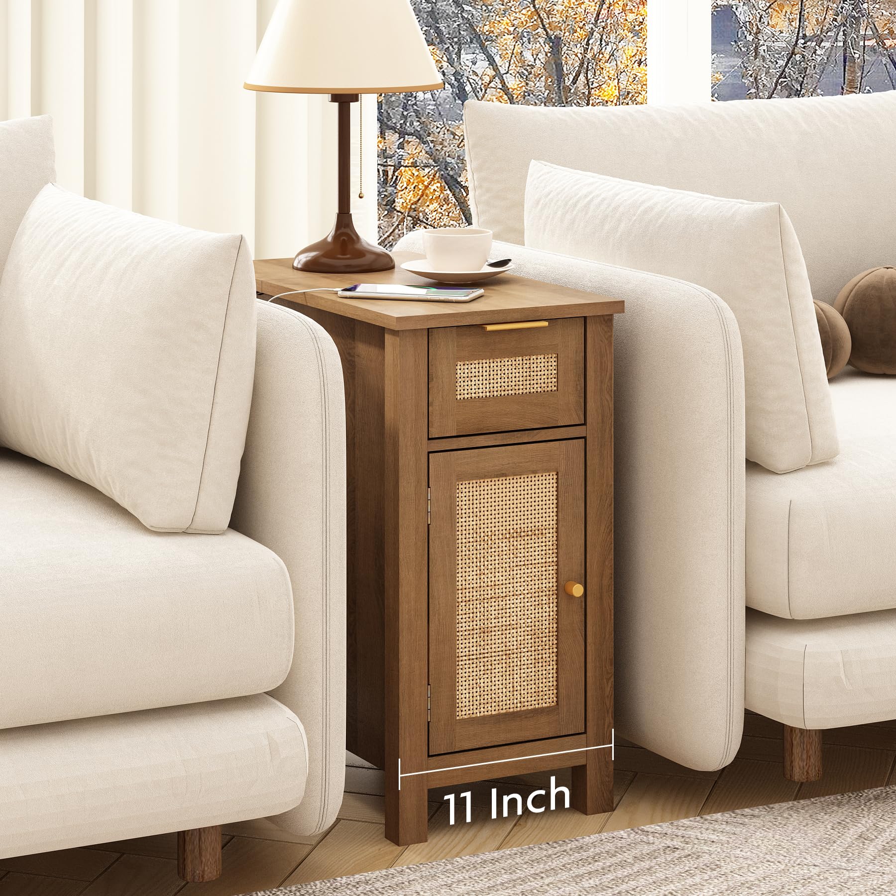 Narrow End Table with Charging Station - Midcentury Rattan Slim Side Table