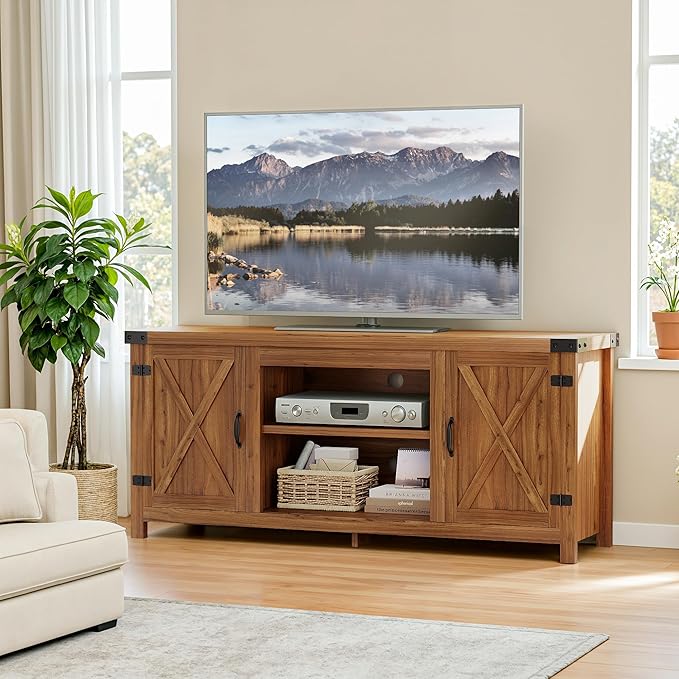 TV Stand with Two Barn Doors and Storage Cabinets for Televisions up