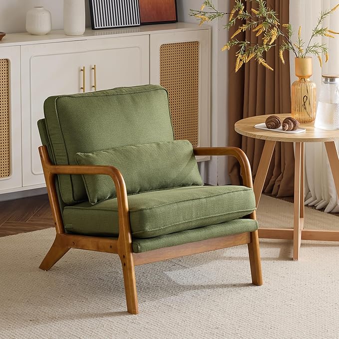 Accent Chair Mid-Century Modern Chair with Pillow Linen Fabric Upholstered Lounge Arm