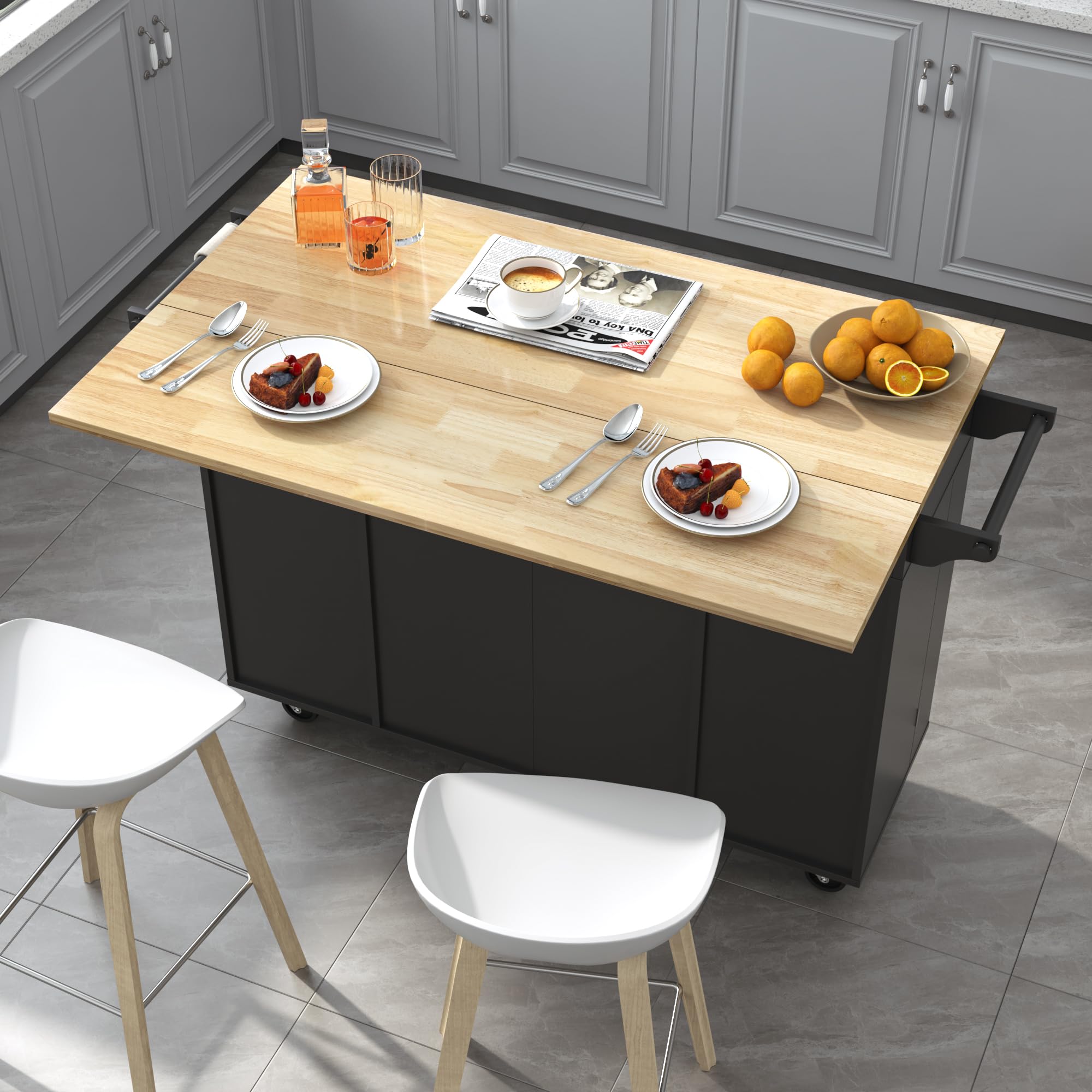 55" Kitchen Cart with Wood Top and Drop Leaf Breakfast Bar