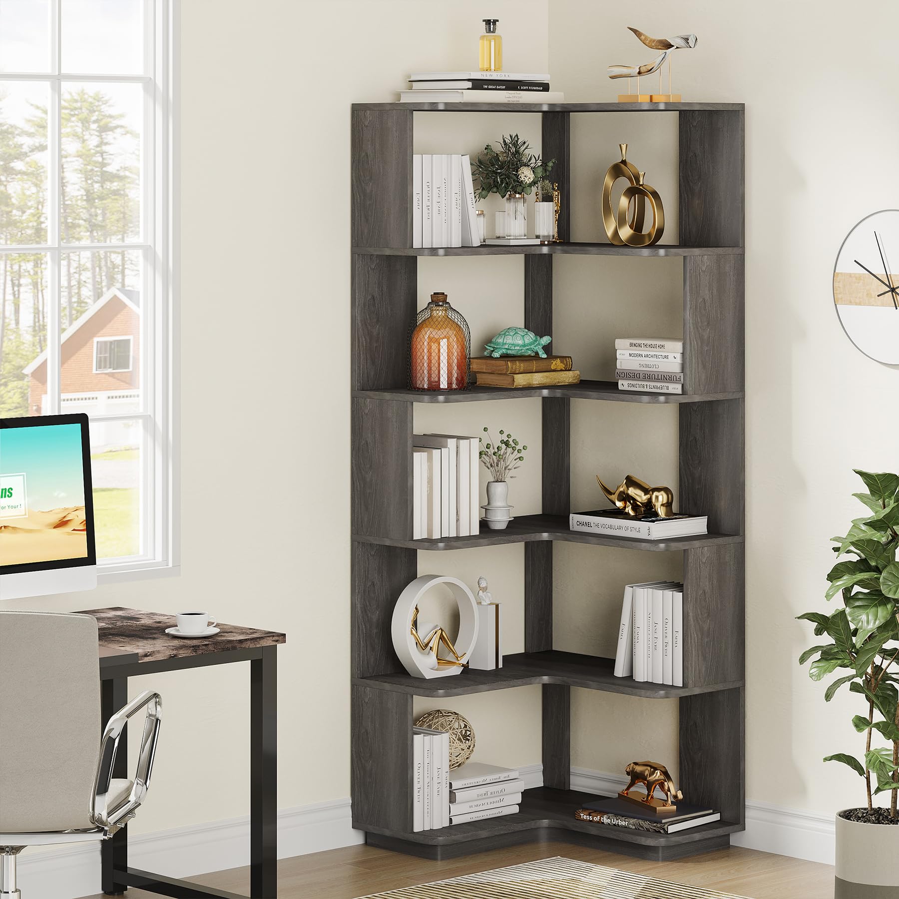 65-Inch Tall Corner Bookshelf, 6-Tier Industrial Corner Bookcase with Side Panels