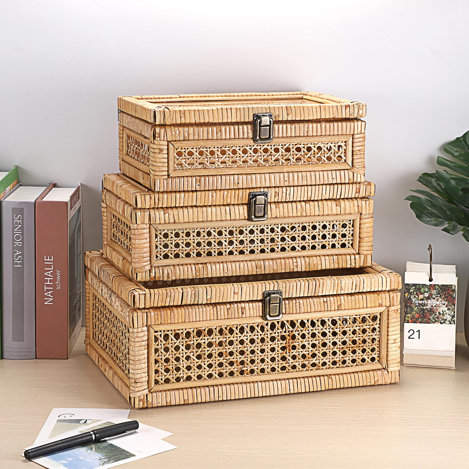 Hipiwe Vintage Decorative Box with Clear Lid Rattan and Wood Display Boxes Handcrafted Shelf Basket Bin Large Wicker Storage Basket Rectangular keepsakes Box for Bathroom Home Decor, 14x10x5.7 inch