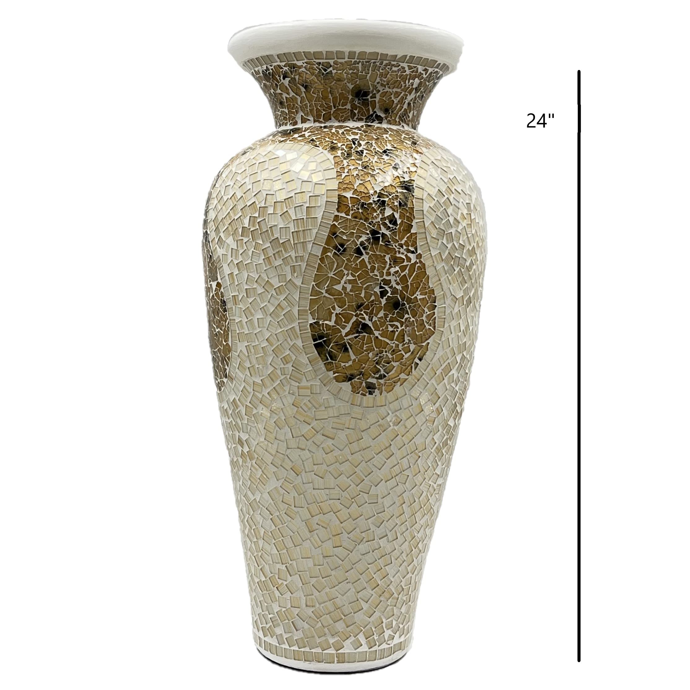 Floor Vase – Tall Cylinder Made of Terracotta with Light Caramel and White Glass Mosaic