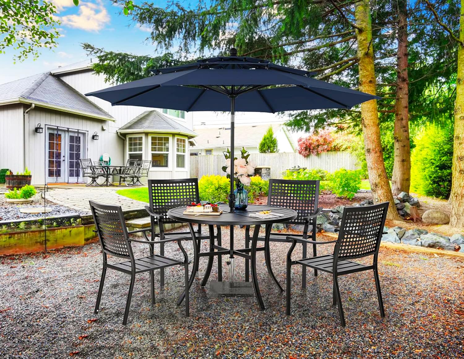 Outdoor Round Dining Table for 4, 42" Large Metal Wrought Iron Table
