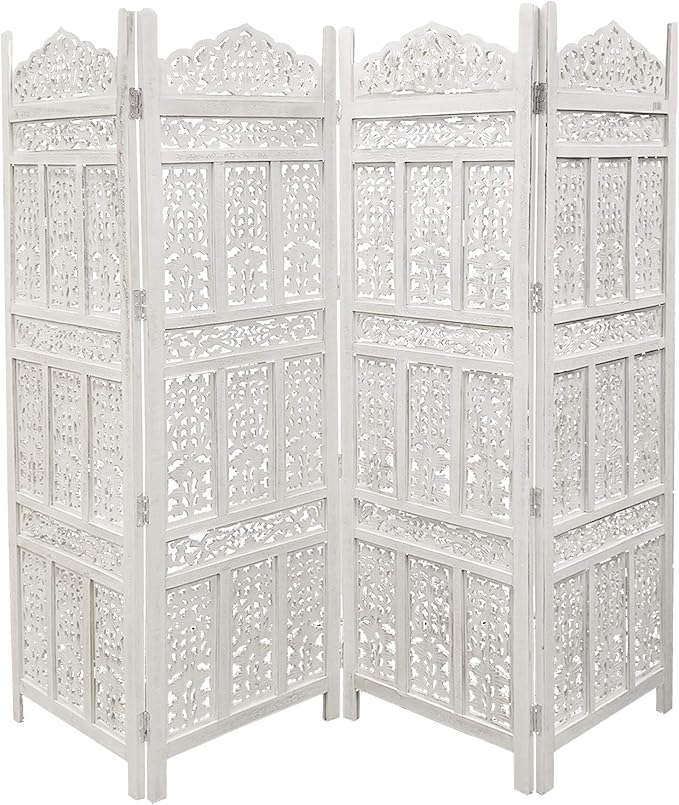 Port Antique 4 Panel Handcrafted Wooden Room Partitions, White (UPT-148945)