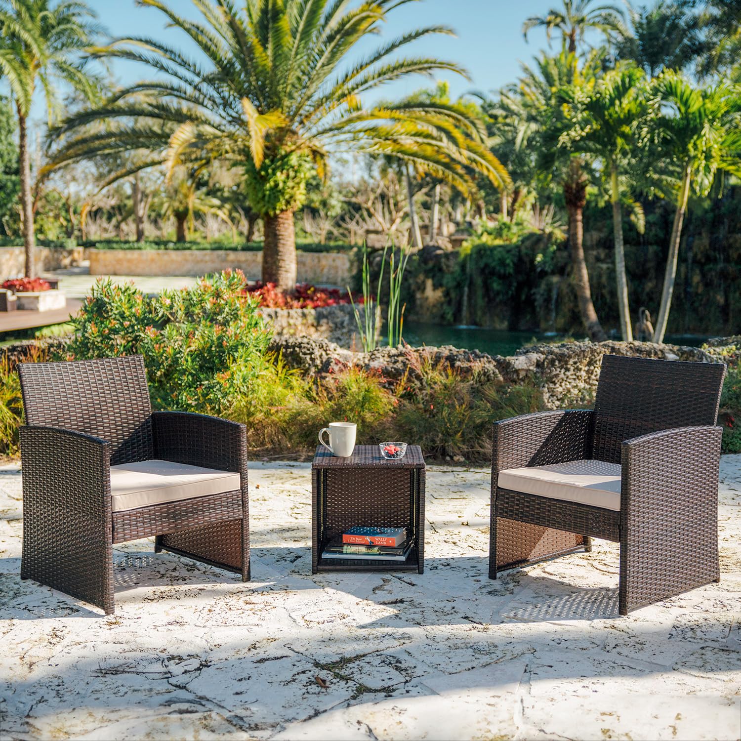 Wicker Patio Furniture Set - 3 Piece Bistro Table and Chairs Set of 2