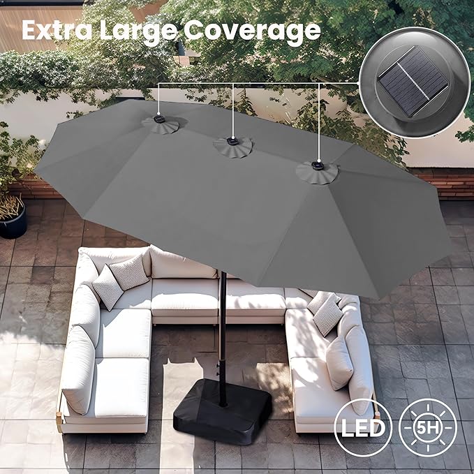 15ft Large Patio Umbrella with Solar Lights, Double-Sided Outdoor Market Rectangle