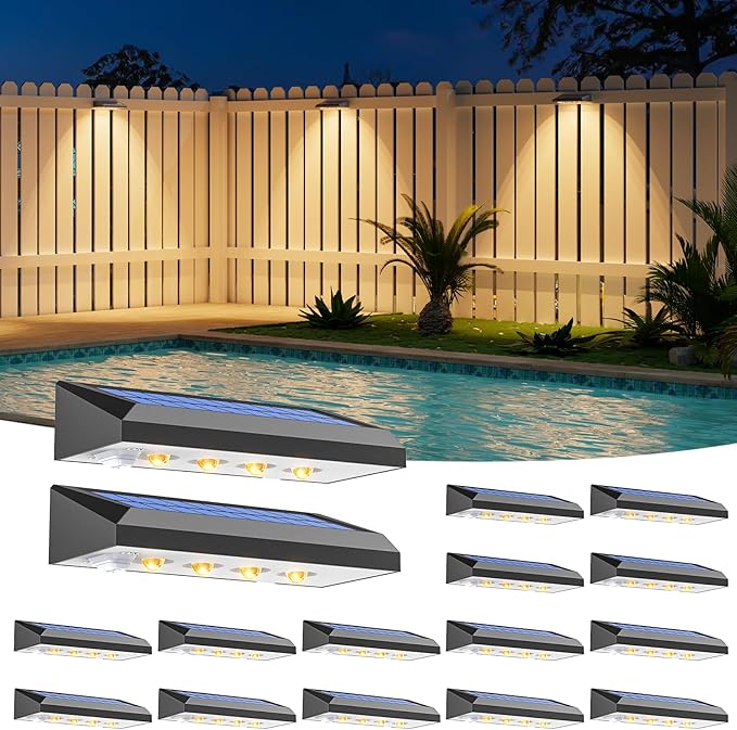 Solar Fence Lights 12-Pack - 100 Lumens Solar Powered Outdoor Lights, Weatherproof