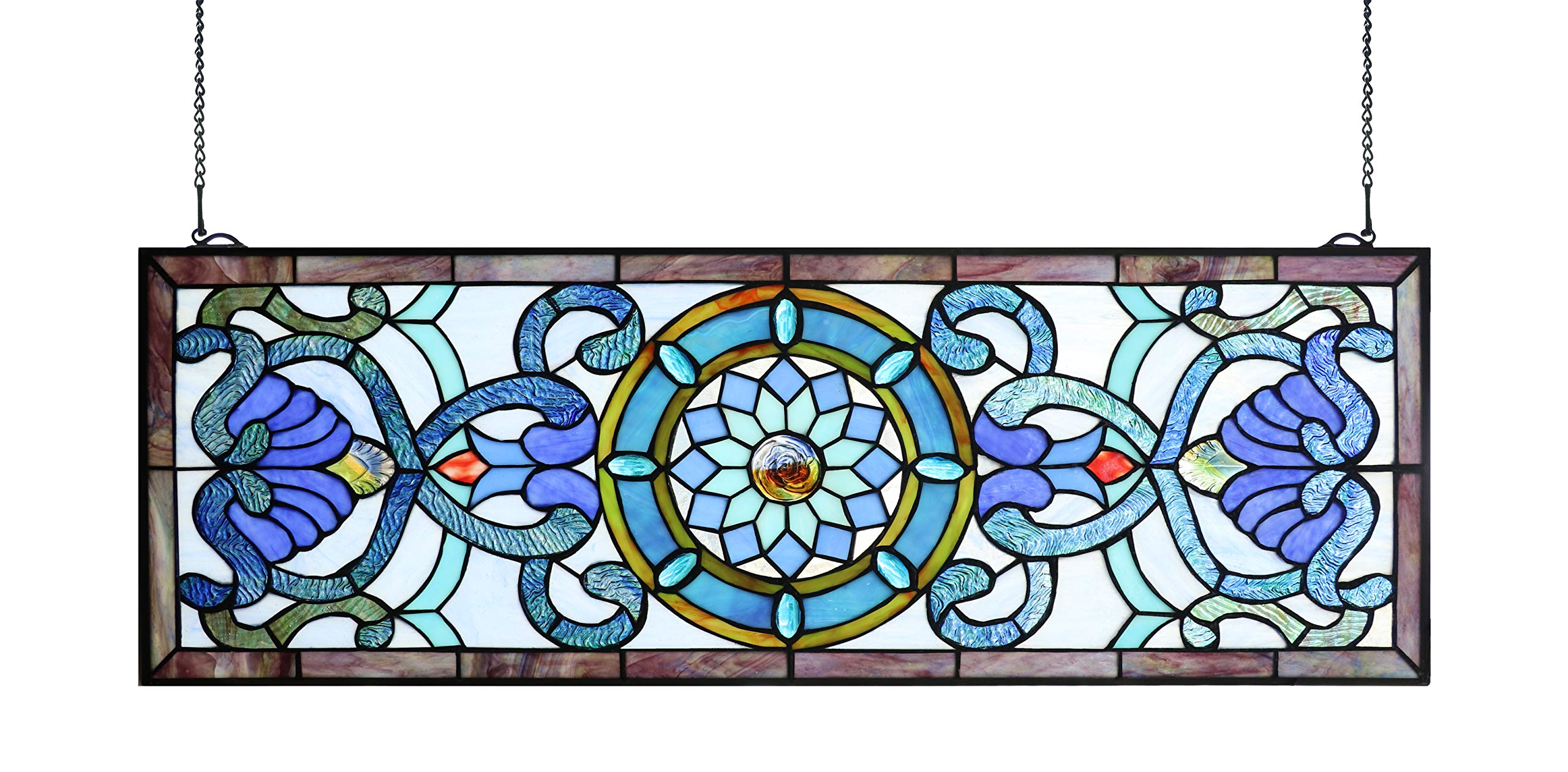 Extra Large Horizontal 35 Inch Blue Victorian Stained Glass Window Panels Hanging