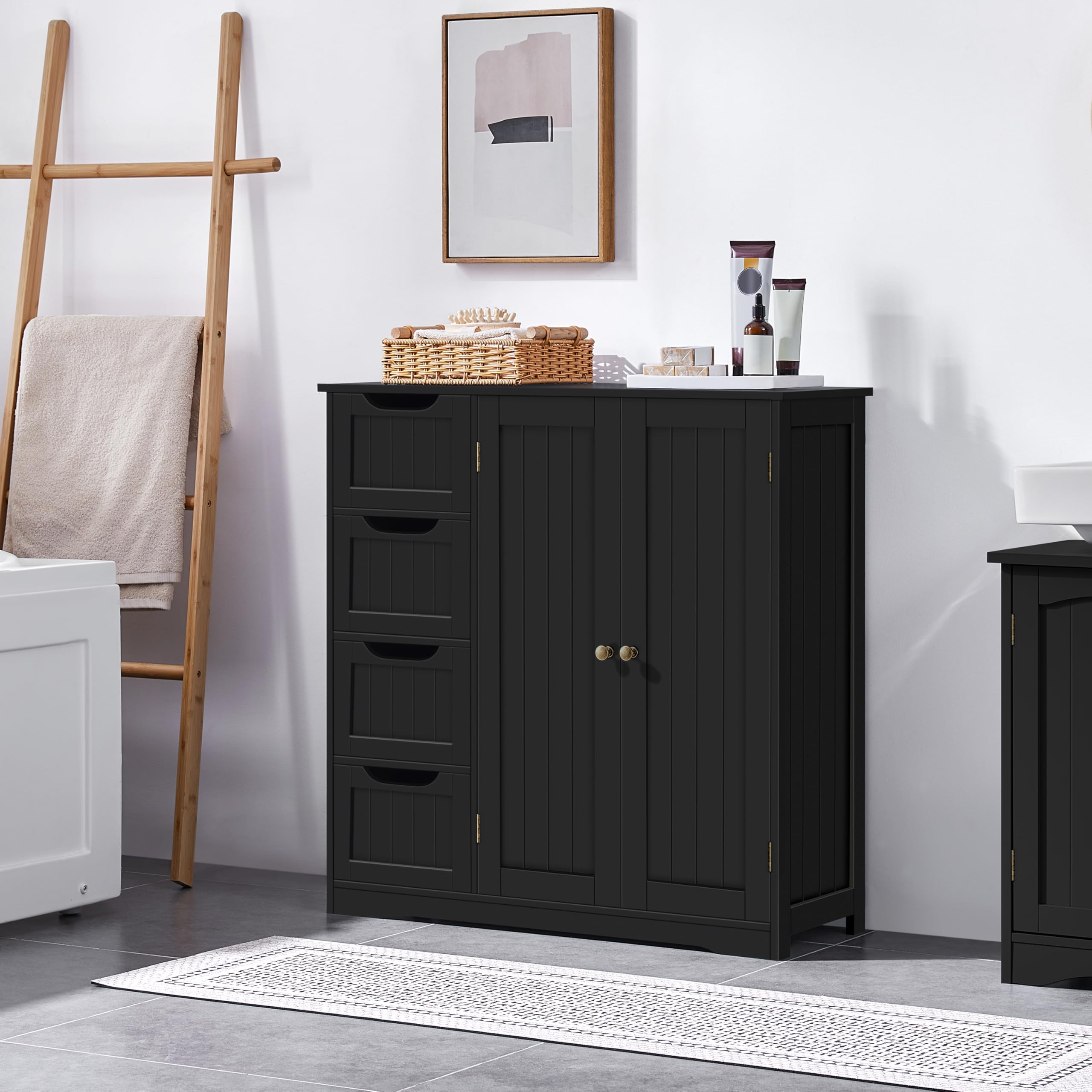 Wooden Bathroom Floor Cabinet, Side Storage Organizer Cabinet with 4 Drawers
