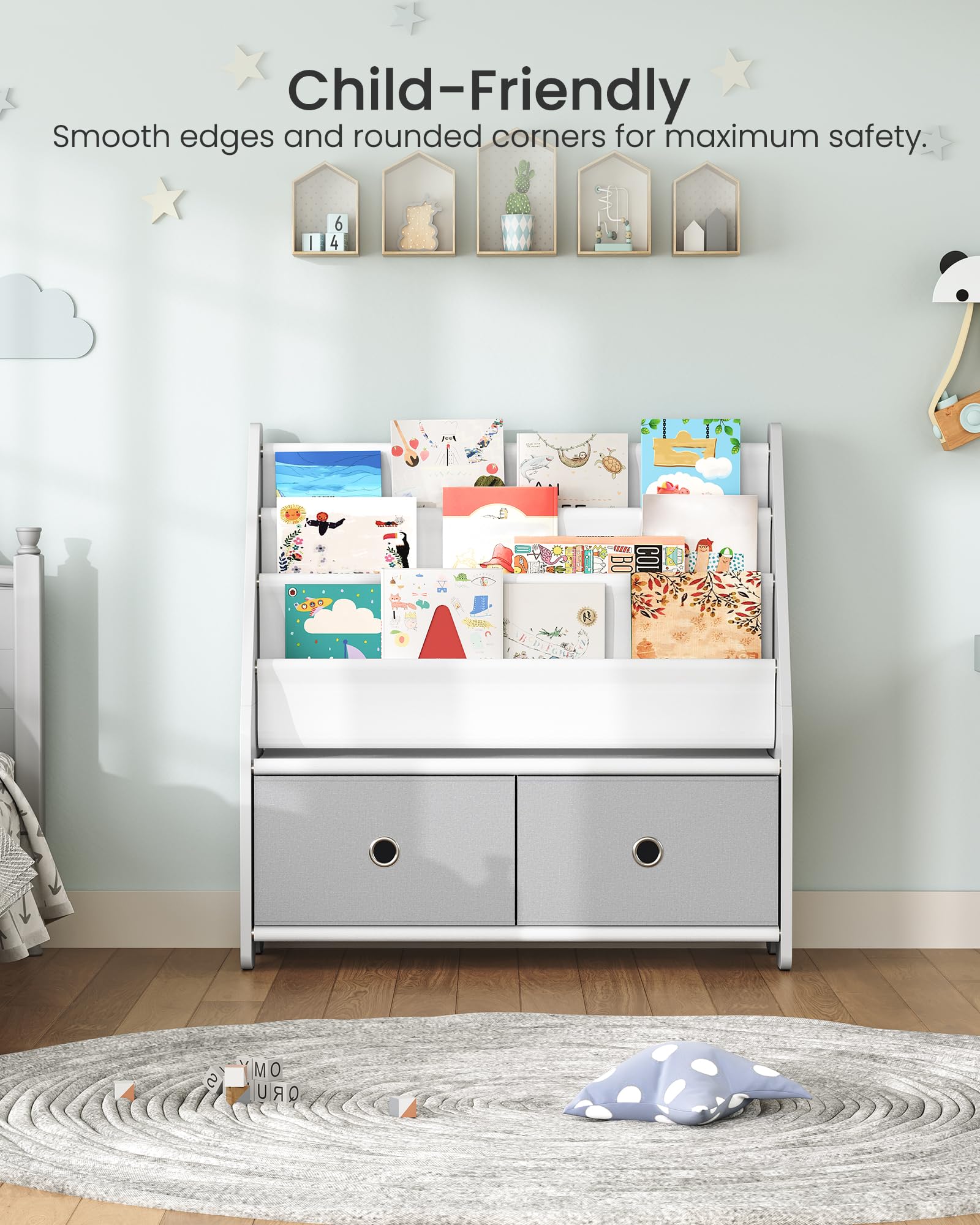 Bookshelf and Toy Storage, 4 Tier Large Capacity Kids Book Rack, Sling Kids Bookcase]