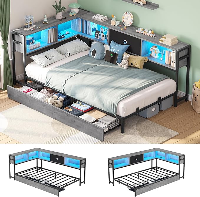 Corner Bed Frame with Storage Bookcase, Twin Daybed with Storage Drawers Underneath