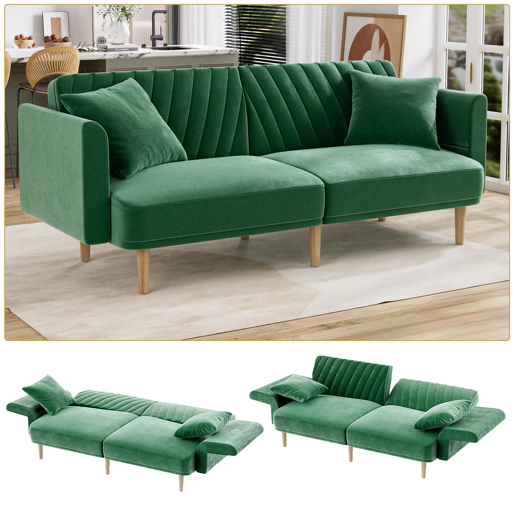 Velvet Futon Sofa Bed, 75.3" Couch Small Sofa