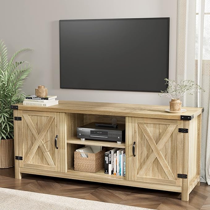 TV Stand with Two Barn Doors and Storage Cabinets for Televisions up