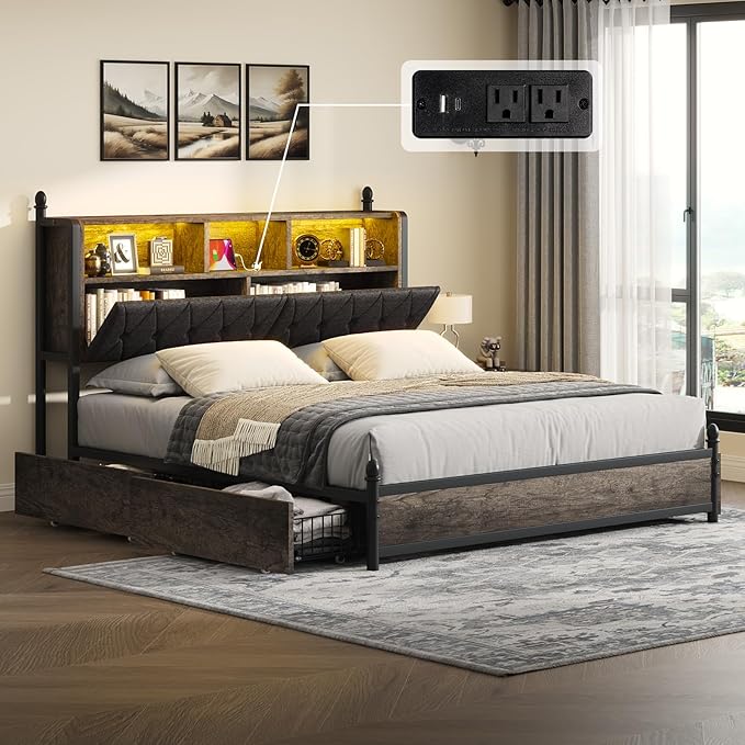 Queen Bed Frame with 3-Tier Storage Headboard