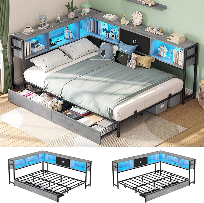 Corner Bed Frame with Storage Bookcase, Twin Daybed with Storage Drawers Underneath