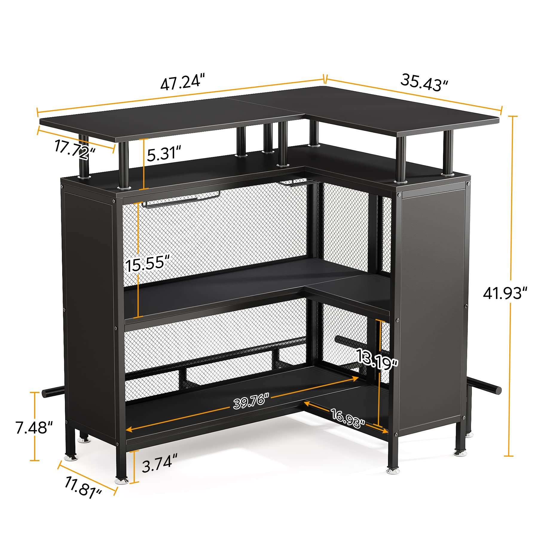 Tribesigns Home Bar Unit, L-Shaped Bar Table with Stemware Racks and 2-Tier Shelves, Corner Mini Coffee Liquor Cabinet with Footrest for Home/Kitchen/Pub, Black