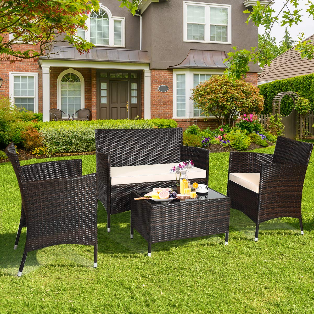 4-Piece Wicker Patio Furniture Set, Outdoor Rattan Sofa Couch Set