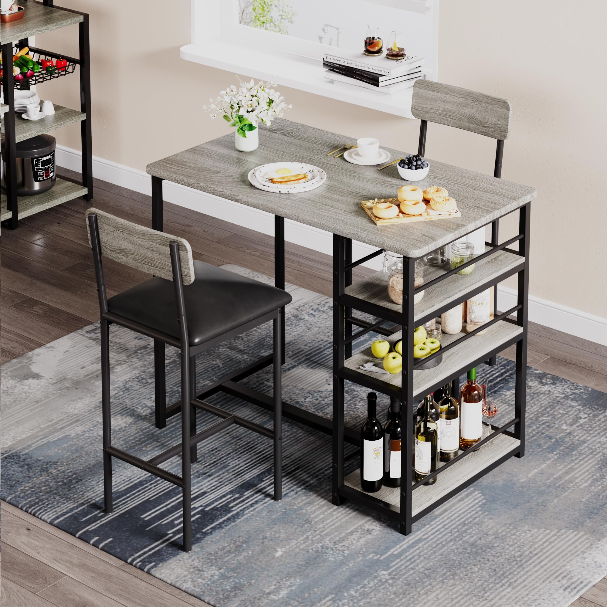 Dining Table and Chairs, Bar Table Set with 2 Upholstered Bar Stools