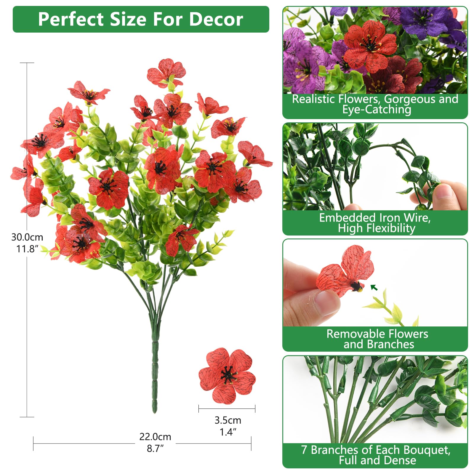 Homsunny Artificial Fake Flowers Plants Outdoors Spring Decor, Faux Flowers Silk Daisy Eucalyptus Plants UV Resisitant for Outside Planter Pot Front Porch Garden Patio Decoration(12 Bundles)